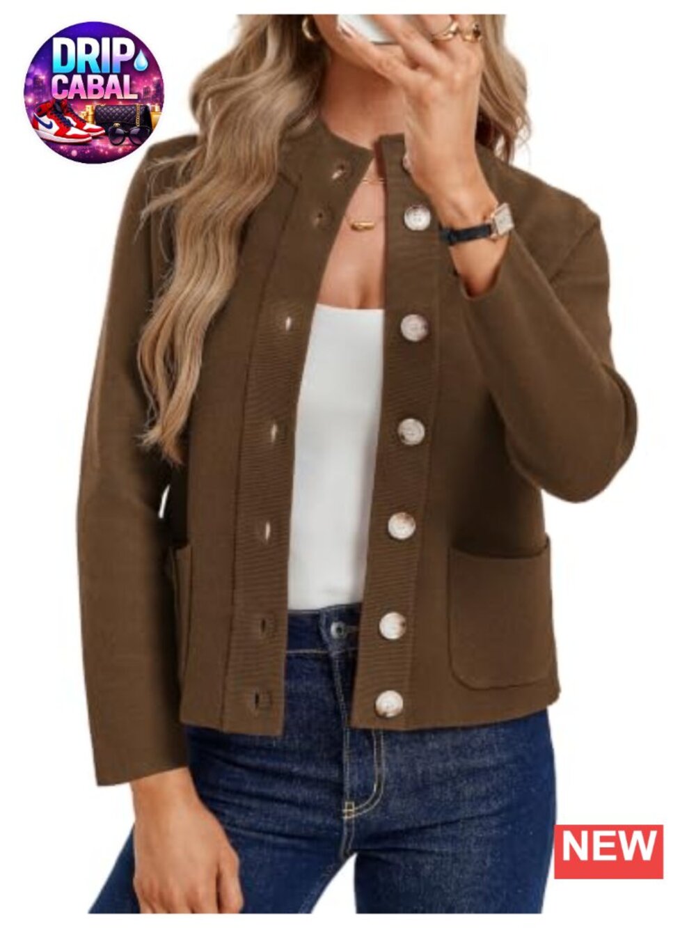 Chunky Knit Cardigan Sweater Mock Neck Button Down Pocket